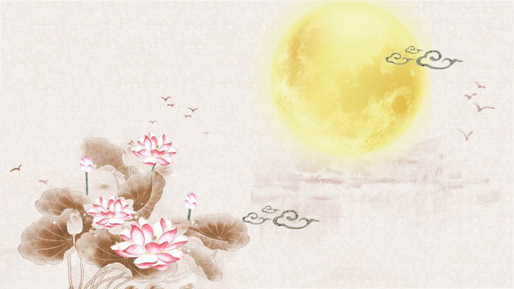 图片[1]-淡雅水墨荷花月亮中秋节PPT背景图片-第一PPT