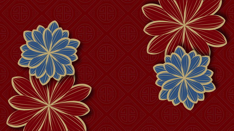 图片[3]-6张红蓝配色的古典花朵图案PPT背景图片-第一PPT