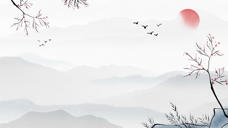 图片[2]-四张水墨群山树枝飞鸟红日中国风PPT背景图片-第一PPT
