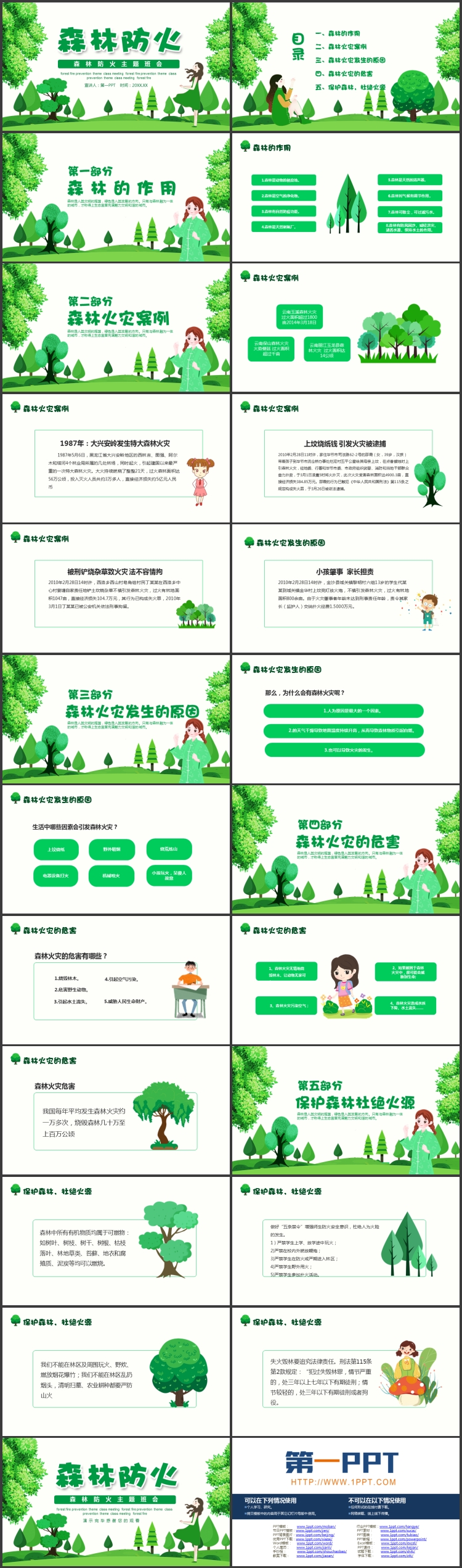 图片[2]-绿色卡通女孩大树背景的森林防火主题班会PPT模板下载-第一PPT