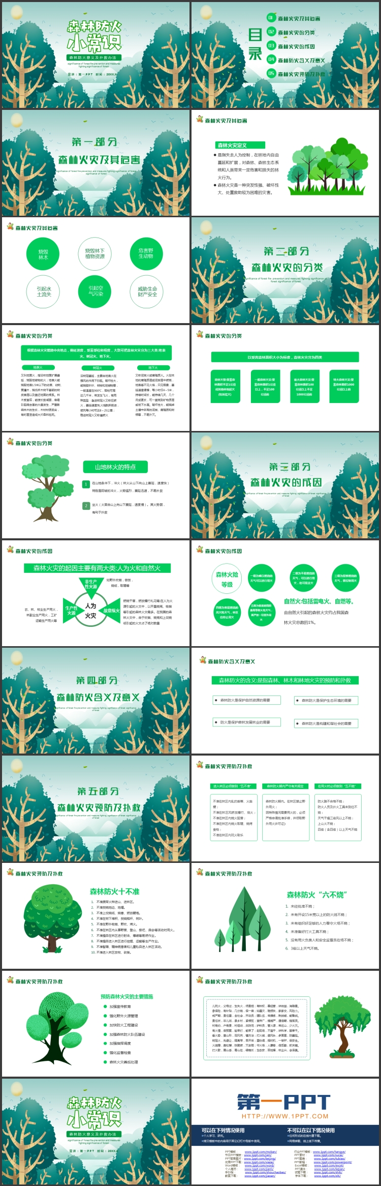 图片[2]-绿色卡通森林大树背景的森林防火小常识PPT模板下载-第一PPT