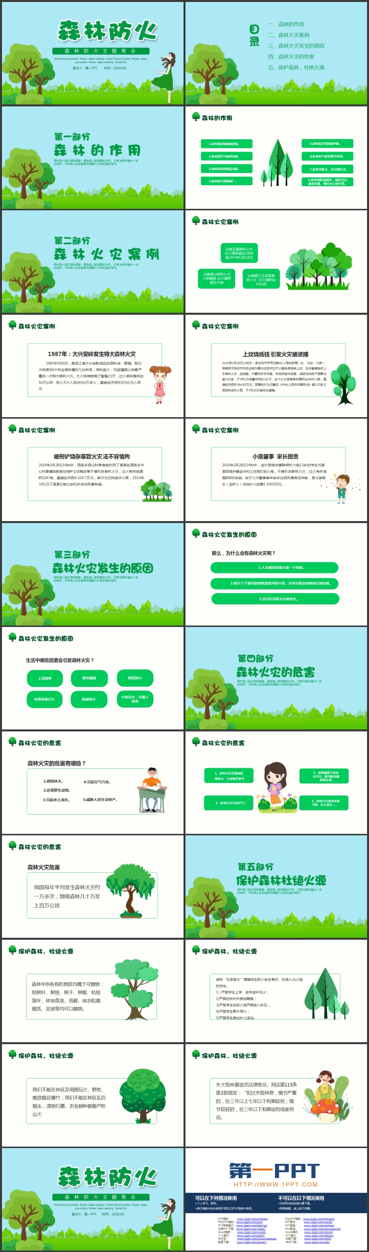 图片[2]-绿色清新卡通女孩大树背景的森林防火主题班会PPT模板下载-第一PPT