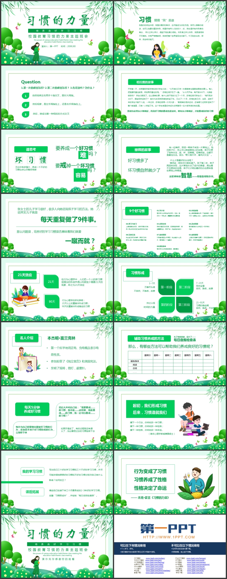 图片[2]-绿色清新卡通风格的“习惯的力量” 培养良好学习习惯主题班会PPT模板下载-第一PPT