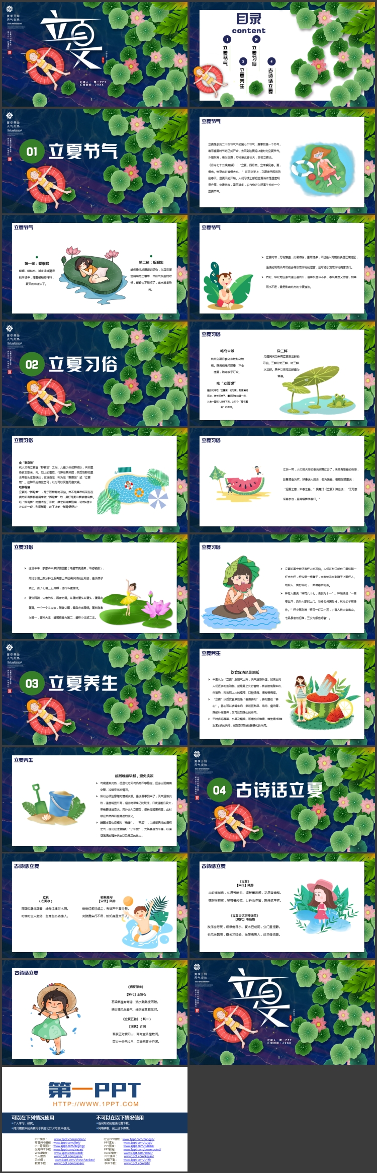图片[2]-蓝绿配色卡通荷叶荷花背景的立夏节气介绍PPT模板-第一PPT