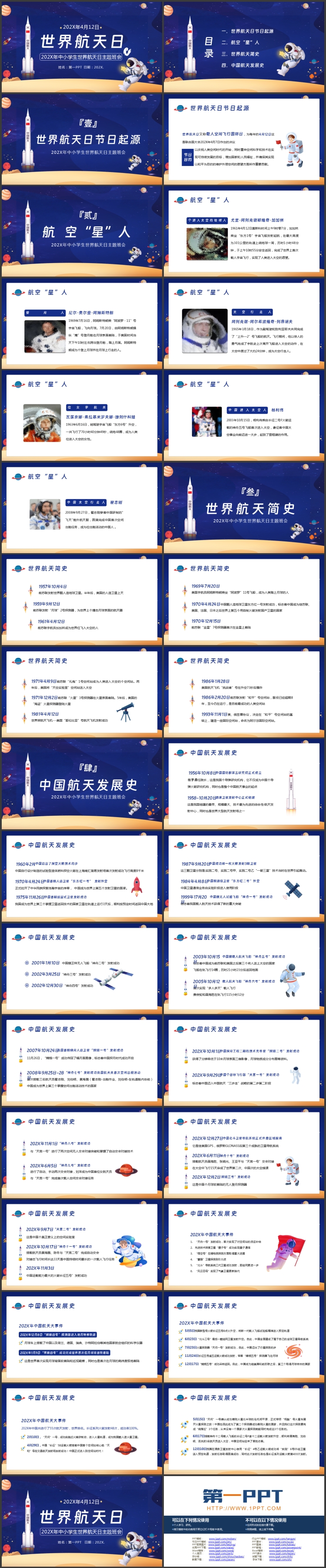 图片[2]-蓝色卡通火箭宇航员背景的世界航天日主题班会PPT模板-第一PPT