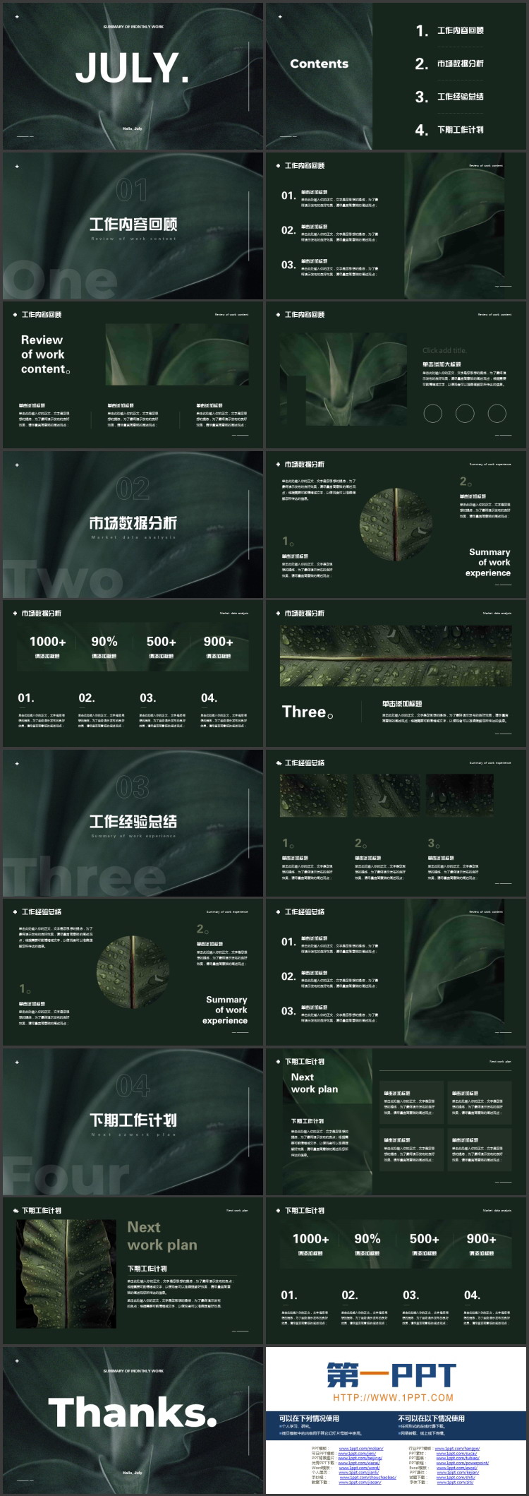 图片[2]-绿色叶子背景的“JULY”欧美风商务汇报PPT模板下载-第一PPT