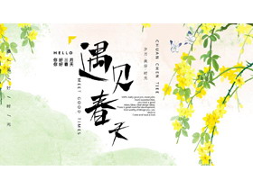 绿色清新花卉背景的“遇见春天”商务汇报PPT模板-第一PPT