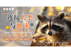 可爱浣熊背景的“连接人类与地球”世界动物日PPT模板-第一PPT