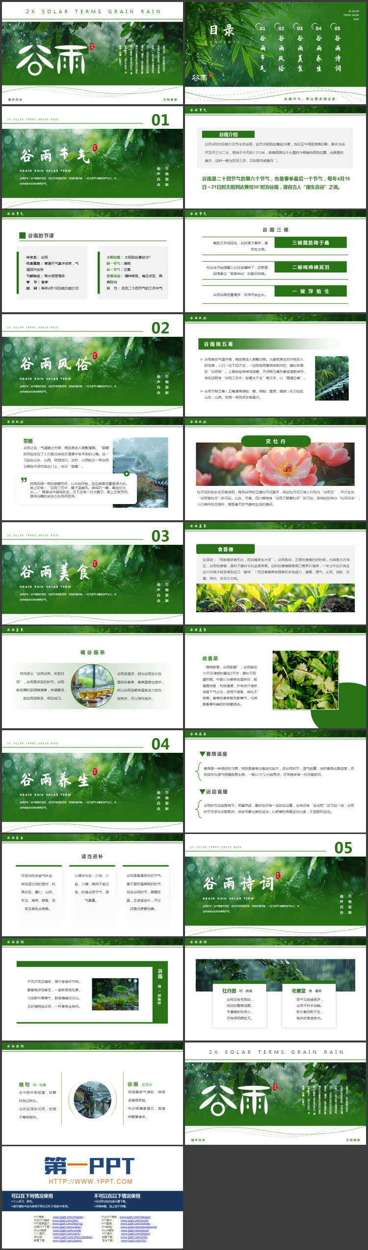图片[2]-清新绿叶背景的谷雨节气介绍PPT模板-第一PPT