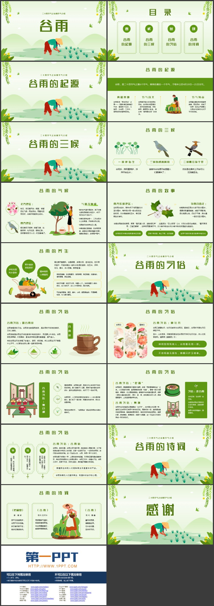 图片[2]-绿色耕种插秧背景的二十四节气之谷雨节气介绍PPT模板-第一PPT