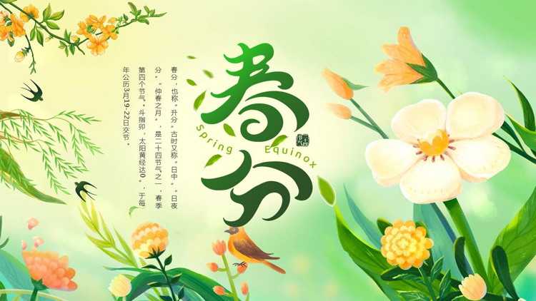 图片[1]-绿色清新插画风背景的春分节气介绍PPT模板-第一PPT