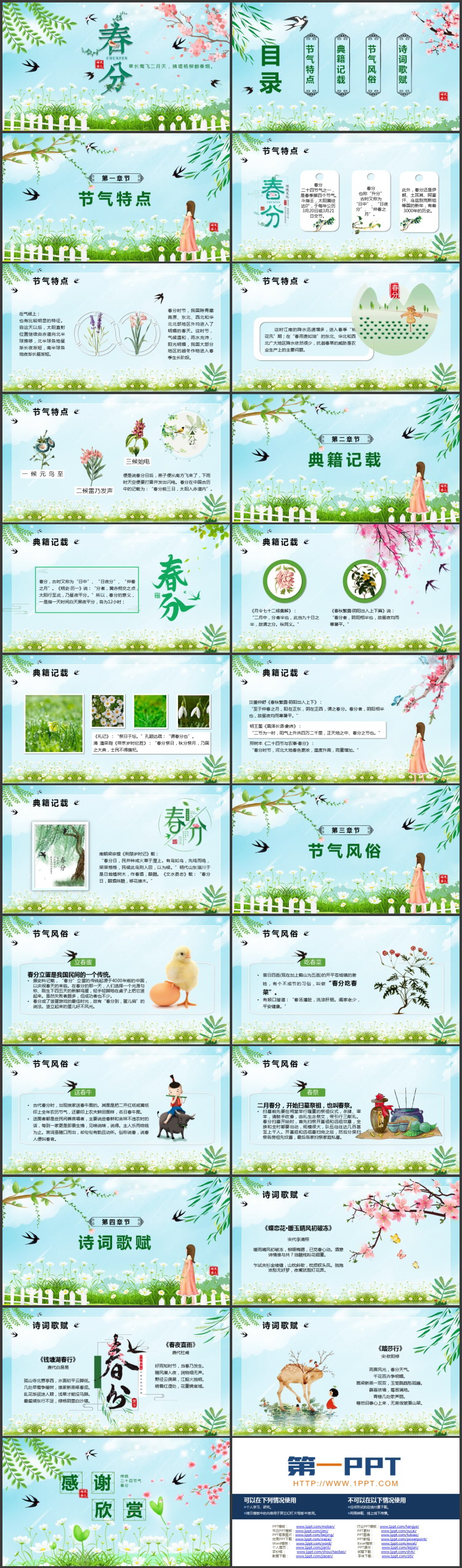 图片[2]-绿色清新花草小燕子背景的春分传统节气介绍PPT模板-第一PPT