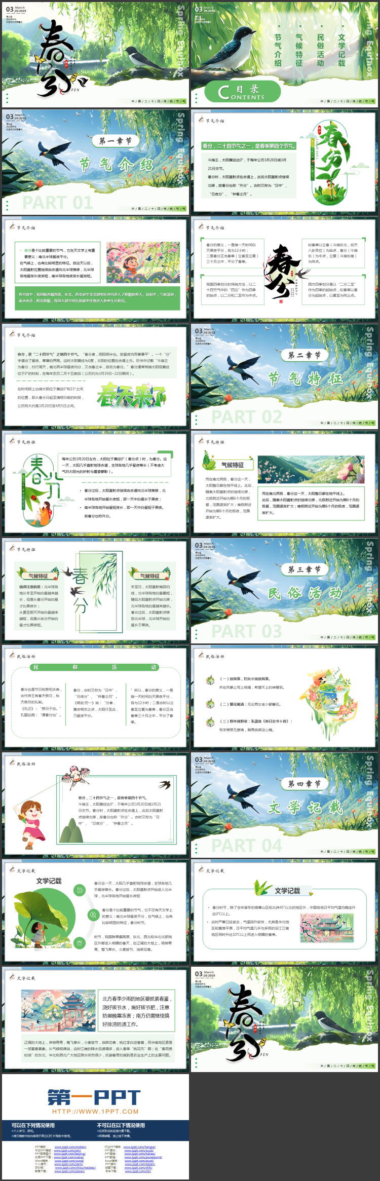 图片[2]-绿色清新柳叶小鸟背景的春分传统节气介绍PPT模板-第一PPT
