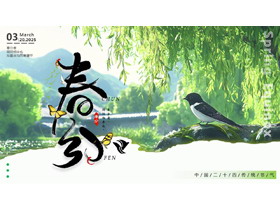 绿色清新柳叶小鸟背景的春分传统节气介绍PPT模板-第一PPT