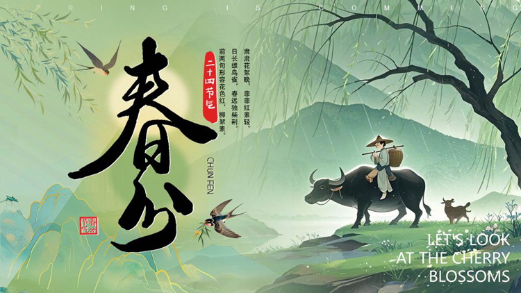 图片[1]-绿色插画牧童背景的春分节气介绍PPT模板-第一PPT
