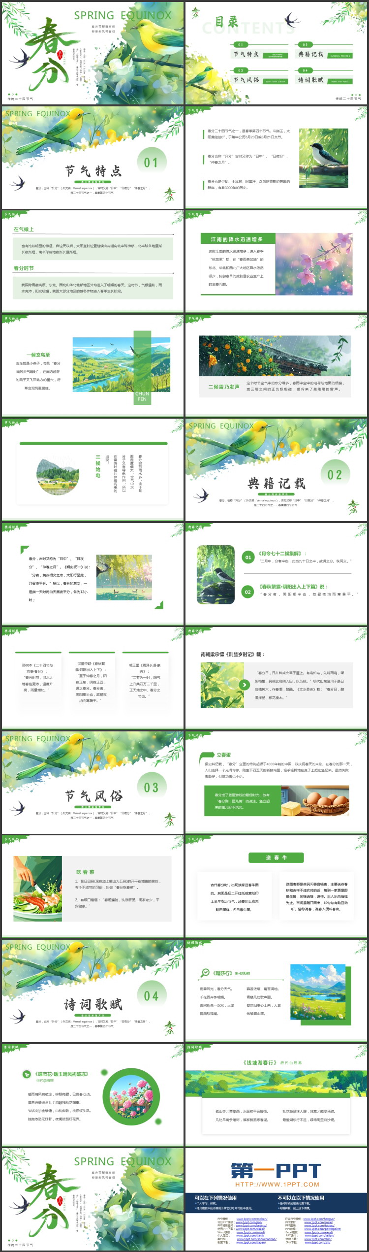 图片[2]-绿色清新插画风春分节气介绍PPT模板-第一PPT