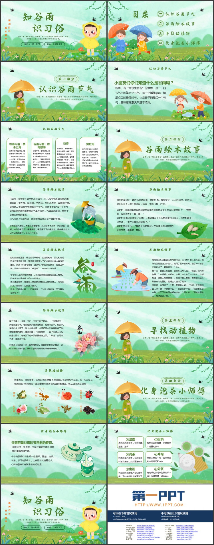 图片[2]-绿色卡通小朋友背景的“知谷雨识习俗”谷雨节气介绍PPT模板-第一PPT