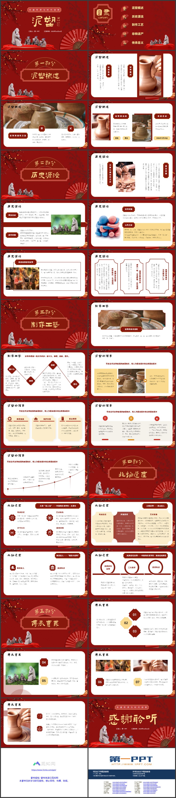 图片[2]-红色古典中国风背景的“泥塑”非遗传承PPT模板-第一PPT