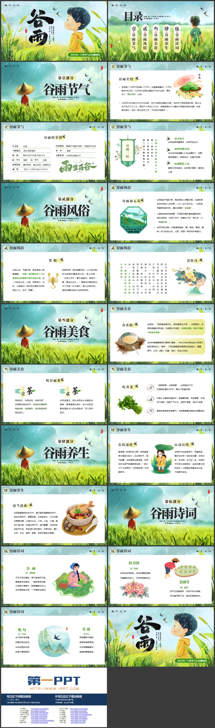 图片[2]-清新插画麦穗男孩背景的二十四节气之谷雨知识介绍PPT模板-第一PPT