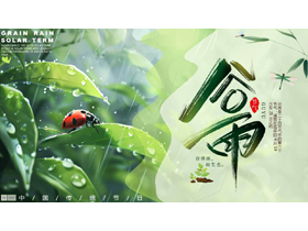 绿色清新插画树叶背景的谷雨节气介绍PPT模板-第一PPT