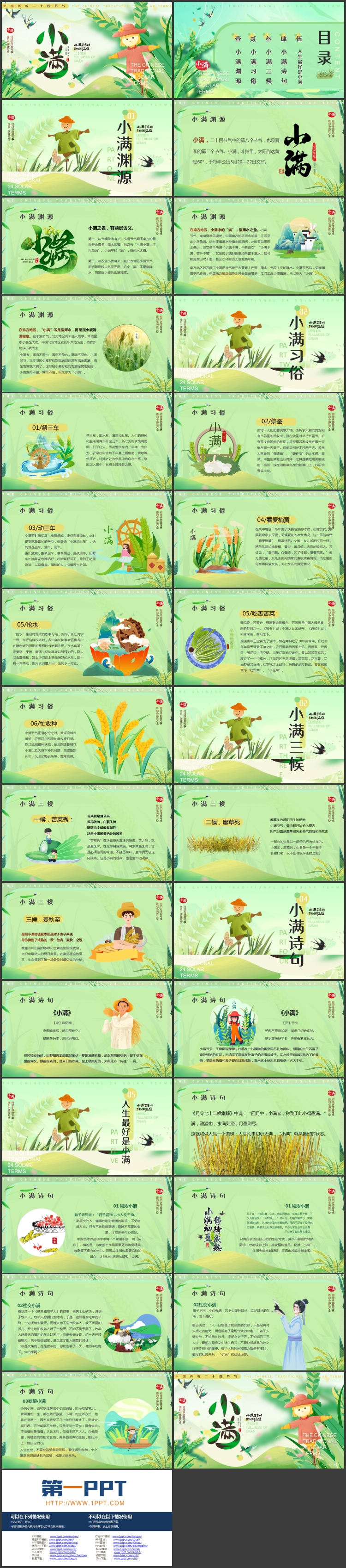 图片[2]-绿色卡通麦穗稻草人背景的小满节气介绍PPT模板-第一PPT