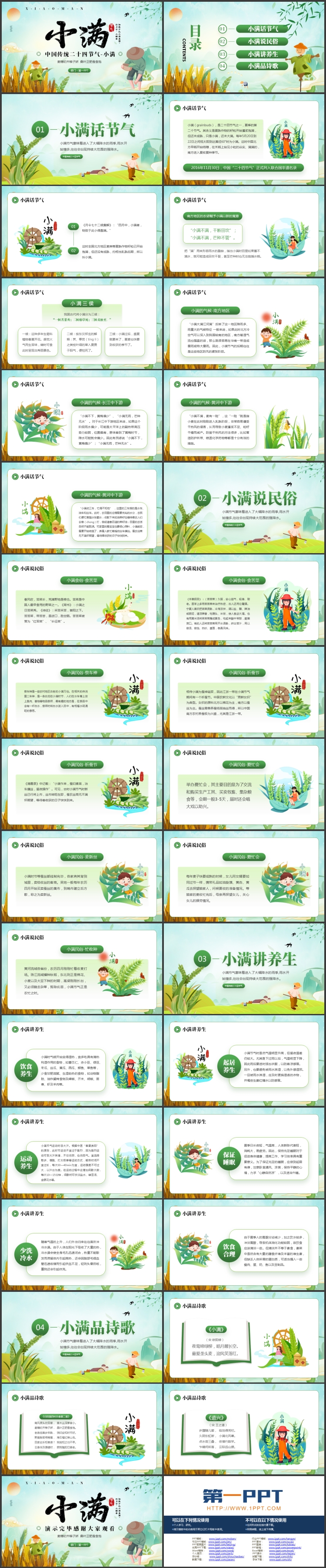 图片[2]-绿色卡通农民麦穗背景的小满传统节气介绍PPT模板-第一PPT