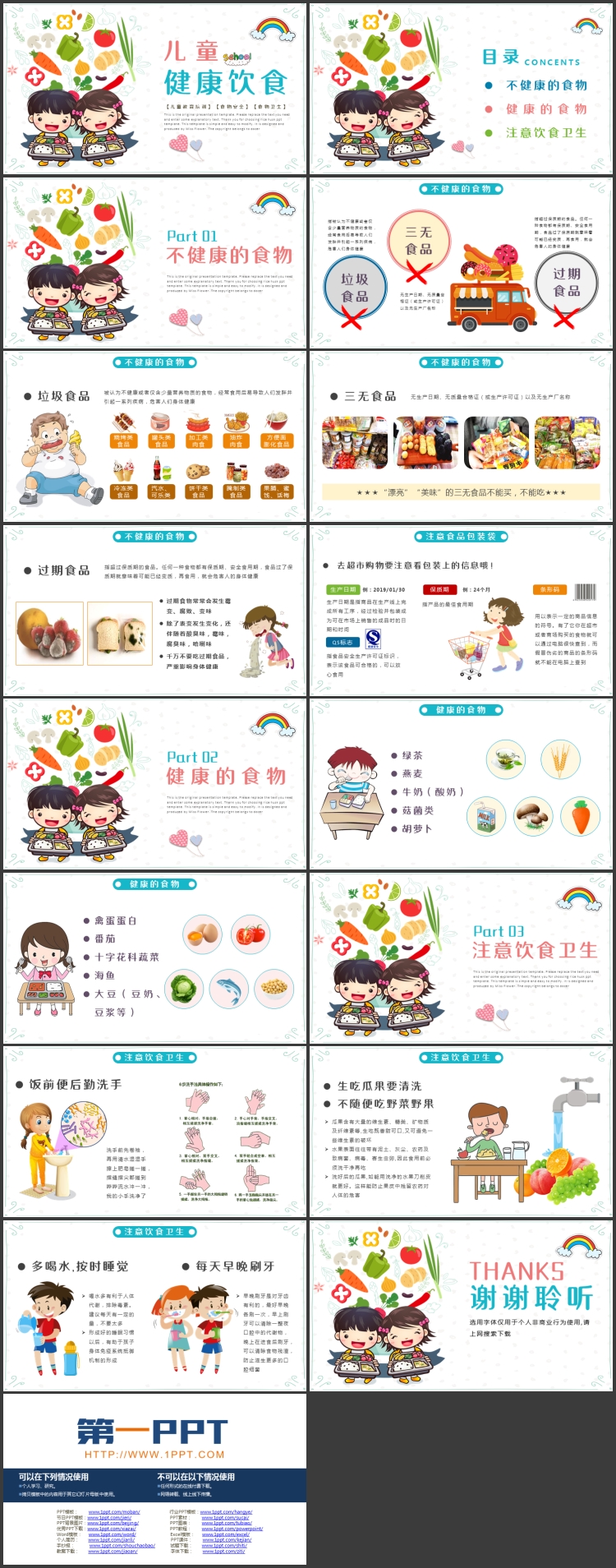 图片[2]-可爱卡通果蔬小朋友背景的儿童健康饮食知识教育PPT模板-第一PPT