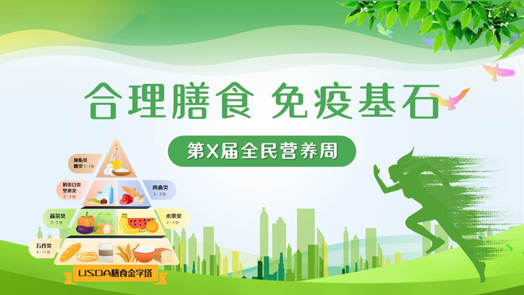 图片[1]-绿色城市剪影背景的“合理膳食免疫基石”全民营养周PPT模板-第一PPT