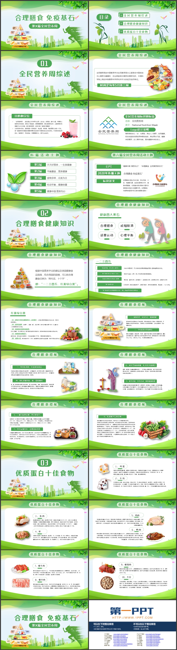 图片[2]-绿色城市剪影背景的“合理膳食免疫基石”全民营养周PPT模板-第一PPT