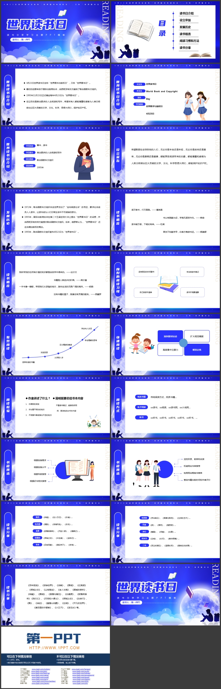 图片[2]-蓝色圆月背景的世界读书日读书分享学习主题PPT模板-第一PPT