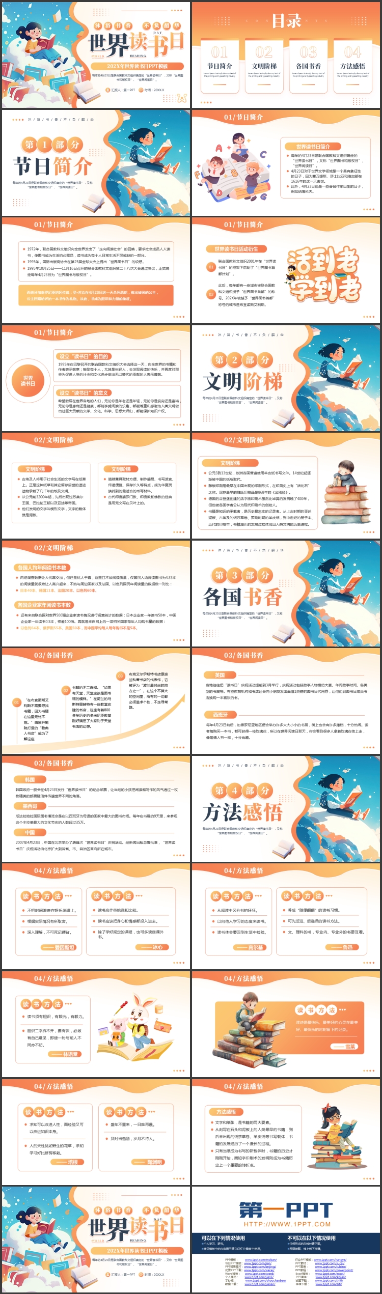 图片[2]-橙色卡通读书女孩背景的世界读书日PPT模板-第一PPT