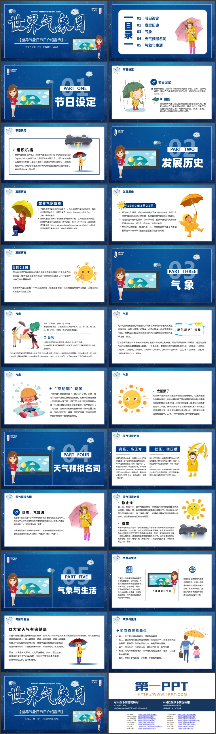 图片[2]-蓝色卡通风格的世界气象日节日介绍宣传PPT模板-第一PPT