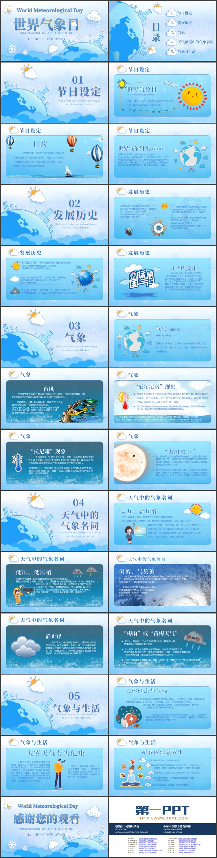 图片[2]-蓝色矢量卡通风格的世界气象日宣传介绍PPT模板-第一PPT